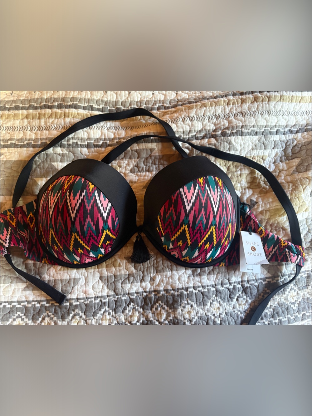 BNWT Shade & Shore 38DDD Black Pink Yellow Green Ikat Push-Up Bikini Top
